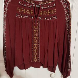 American Eagle Red Embroidered Boho Blouse